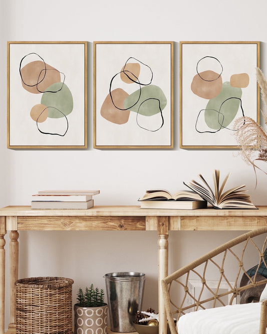 SHENIFY Abstract Wall Art Decor Colorful Geometric Ring Grid Lines Shapes Drawings Modern Art Decorative Ready To Hang 11x14in3pcs Natural Framed