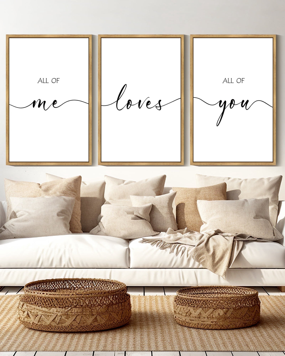SHENIFY All of Me Loves All of You Above Bed Wall Decor 16x24in3pcs Natural Framed for Farmhouse Bedroom Wall Art Hanging Decoration