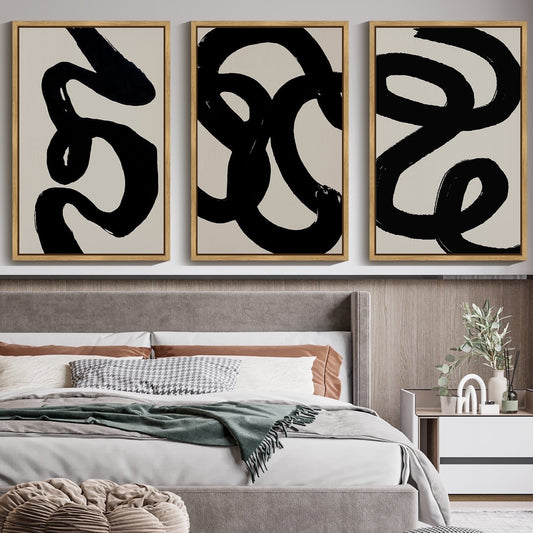 SHENIFY Black Abstract Boho Wall Art 16x24in3pcs Framed Wood Geometric Wall Decor Minimalist Bohemian Bedroom Decor Canvas Prints