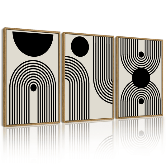 SHENIFY Black Abstract Boho Wall Art 16x24in3pcs Neutral Framed Wood Geometric Wall Decor Mid Century Modern Minimalist Bohemian Bedroom Decor Canvas Prints Ready To Hang for Living Room