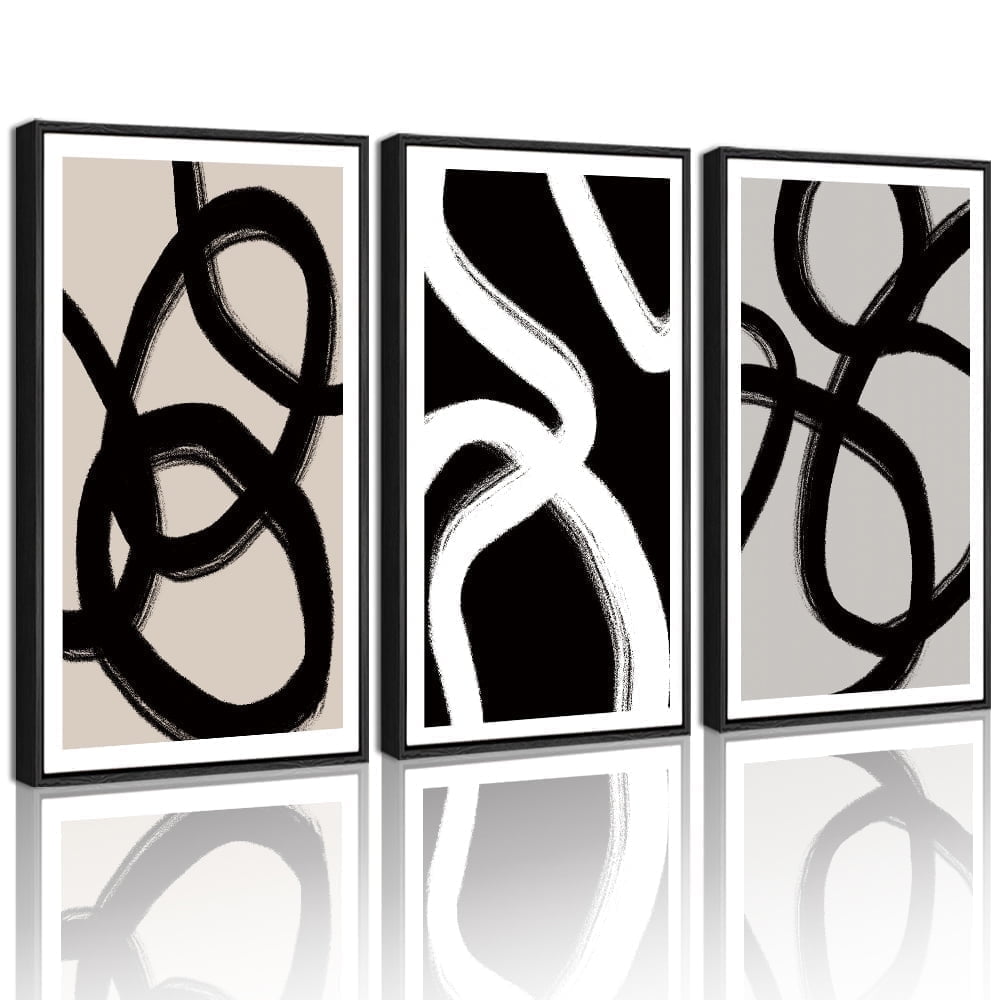 SHENIFY Black Abstract Wall Art 16x24in3pcs Black Framed Decor Duotone Minimal Dark Brush Stroke Prints Shapes Illustrations Modern Art Decorative Ready To Hang