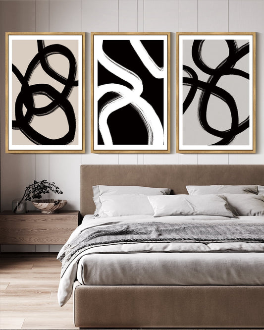 SHENIFY Black Abstract Wall Art 16x24in3pcs Natural Framed Decor Duotone Minimal Dark Brush Stroke Prints Shapes Illustrations Modern Art Decorative Ready To Hang