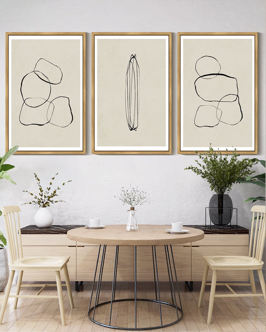 SHENIFY Black Abstract Wall Art 16x24in3pcs Natural Framed Decor Minimalist Geometry Ring Grid Lines Graffiti & Street Prints Modern Art Decorative Ready to Hang