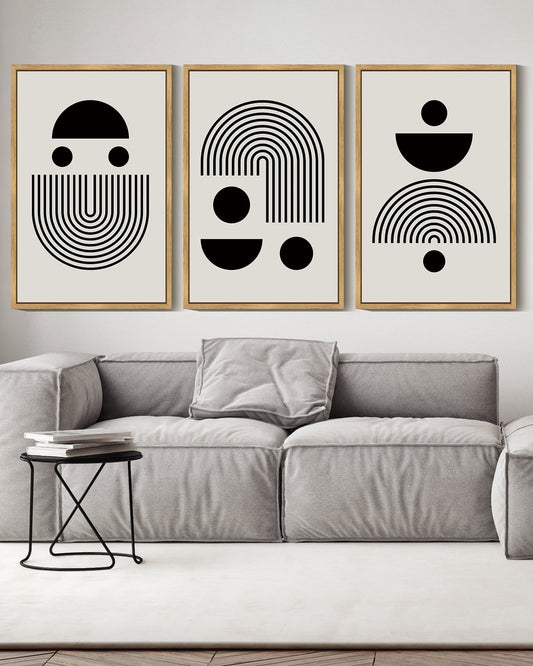 SHENIFY Black Abstract Wall Art 16x24in3pcs Natural Framed Decor Solid & Spiral Semi-Circles Geometric Shapes Drawings Modern Art Decorative Ready To Hang