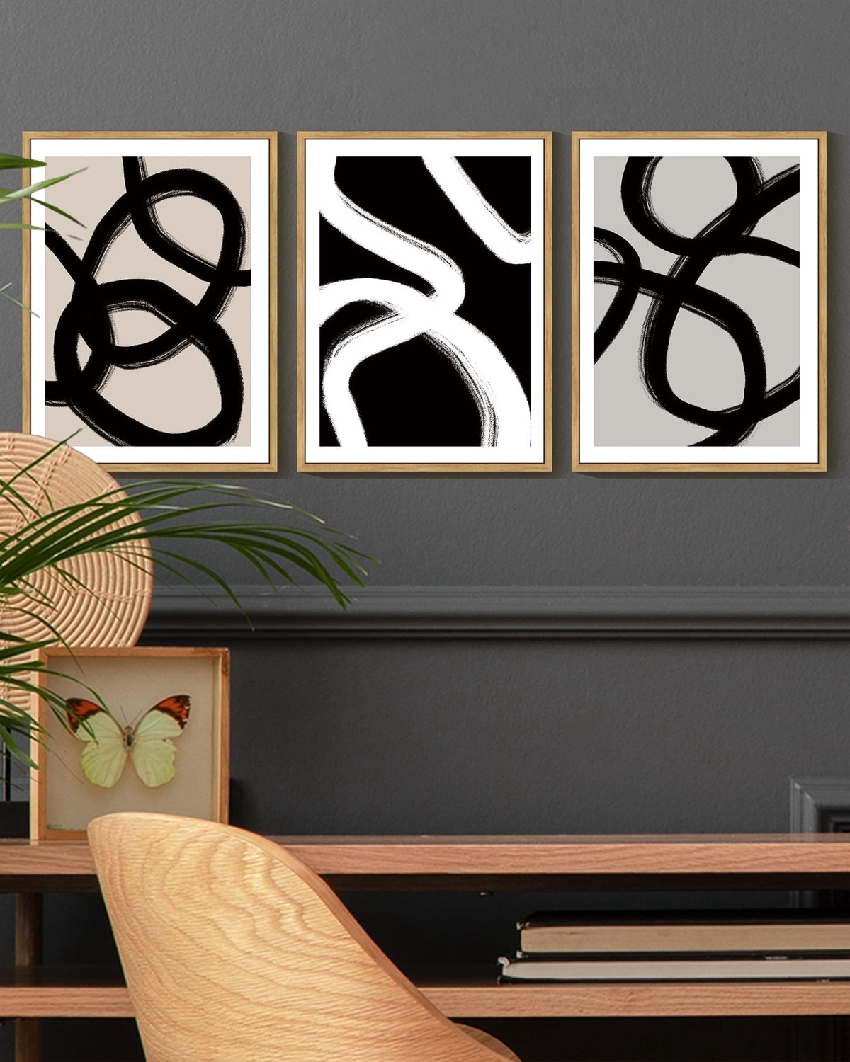 SHENIFY Black Abstract Wall Art Decor Duotone Minimal Dark Brush Stroke Prints Shapes Illustrations Modern Art Decorative Ready To Hang 11x14in3pcs Natural Framed