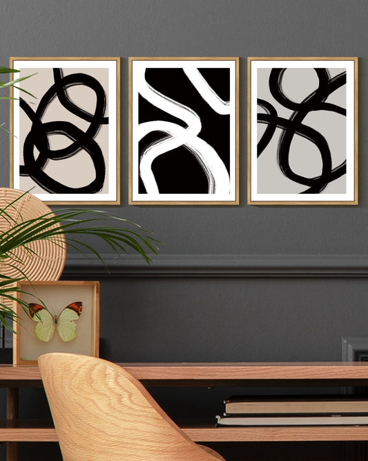 SHENIFY Black Abstract Wall Art Decor Duotone Minimal Dark Brush Stroke Prints Shapes Illustrations Modern Art Decorative Ready To Hang 11x14in3pcs Natural Framed