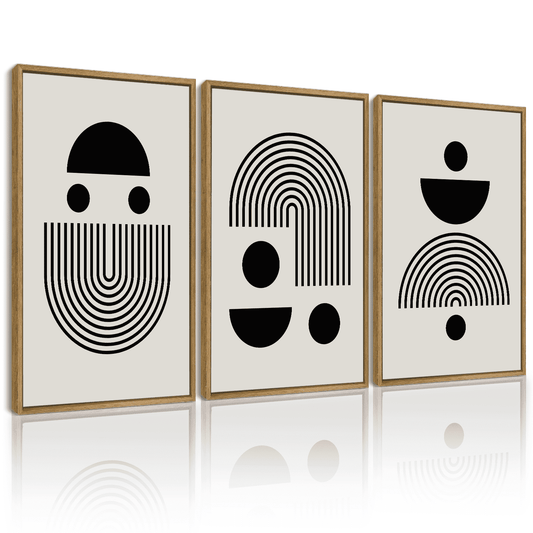 SHENIFY Black Abstract Wall Art Decor Solid & Spiral Semi-Circles Geometric Shapes Drawings Modern Art Decorative Ready to Hang 11x14in3pcs Natural Framed