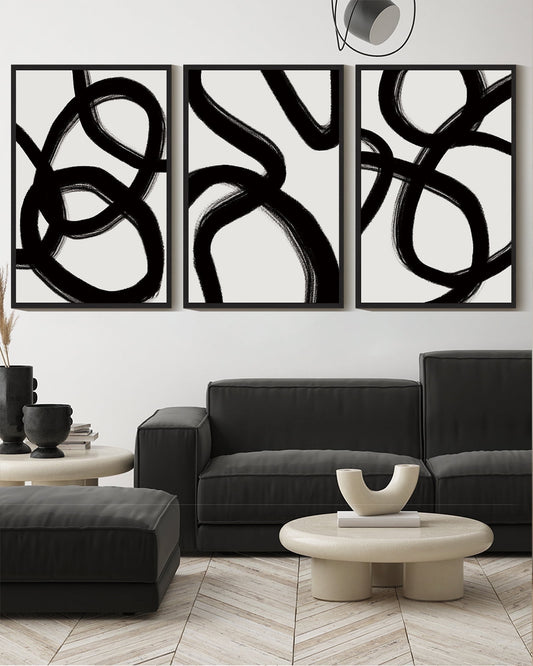 SHENIFY Black and Gray Abstract Wall Art 16x24in3pcs Black Framed Decor Duotone Minimal Dark Brush Stroke Prints Shapes Illustrations Modern Art Decorative Ready To Hang