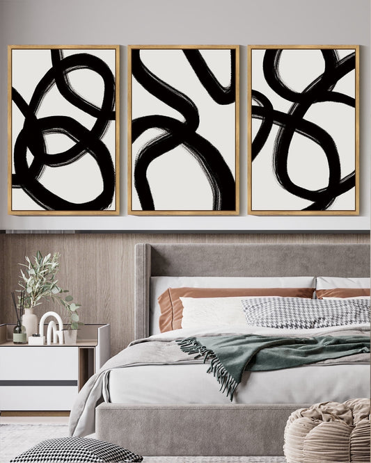 SHENIFY Black and Gray Abstract Wall Art 16x24in3pcs Natural Framed Decor Duotone Minimal Dark Brush Stroke Prints Shapes Illustrations Modern Art Decorative Ready To Hang