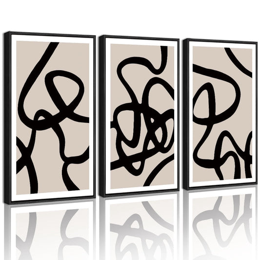 SHENIFY Black Lines Abstract Wall Art 16x24in3pcs Black Framed Ink Wash Minimalist Canvas Painting Artwork