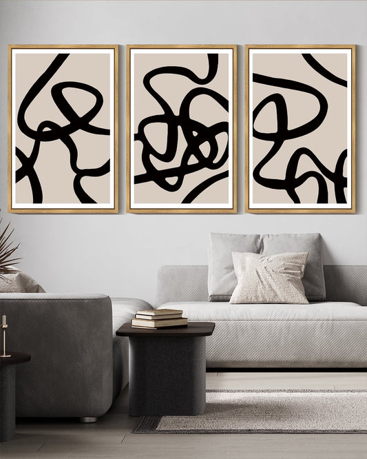 SHENIFY Black Lines Abstract Wall Art 16x24in3pcs Natural Framed Ink Wash Minimalist Canvas Painting Artwork