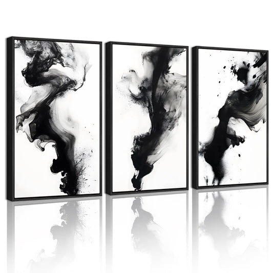 SHENIFY Black White Abstract Canvas Wall Art 16x24in3pcs Black Framed Ink Wash Pastel Wall Decor Modern Rendering Illustration Art Painting for Dining Room Bedroom