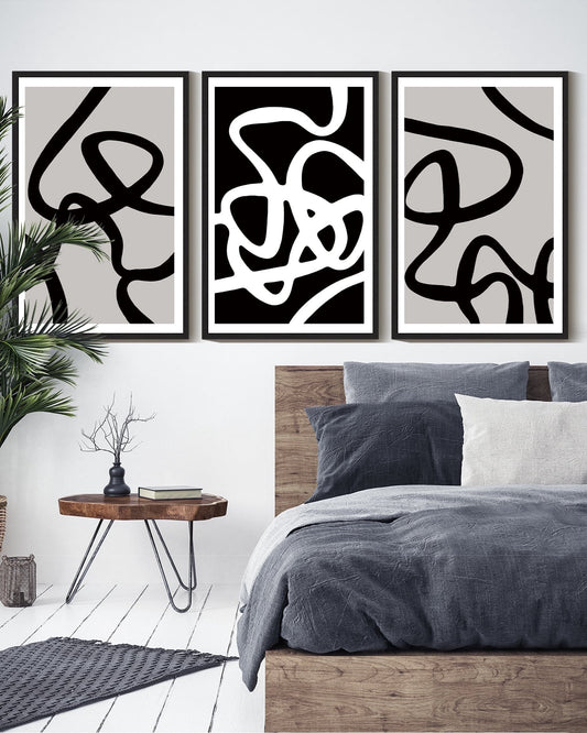 SHENIFY Black and White Lines Abstract Wall Art 16x24in3pcs Black Framed Ink Wash Minimalist Canvas Painting Artwork
