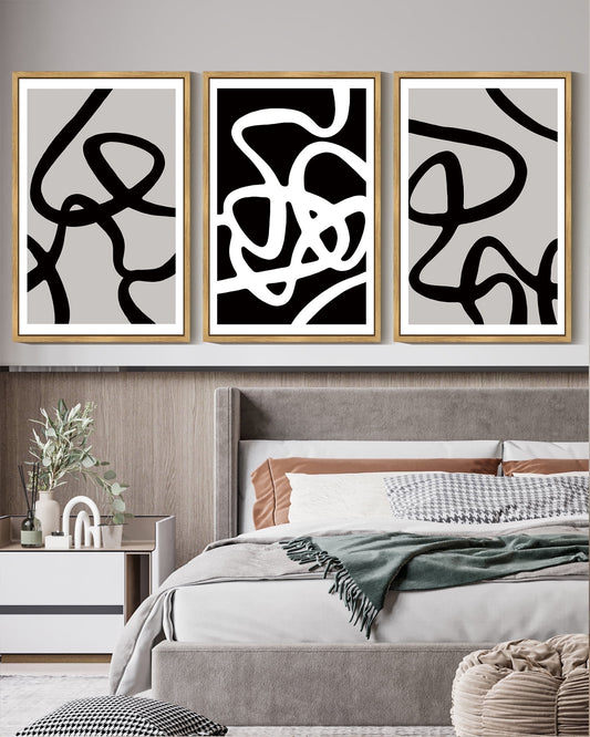 SHENIFY Black and White Lines Abstract Wall Art 16x24in3pcs Natural Framed Ink Wash Minimalist Canvas Painting Artwork