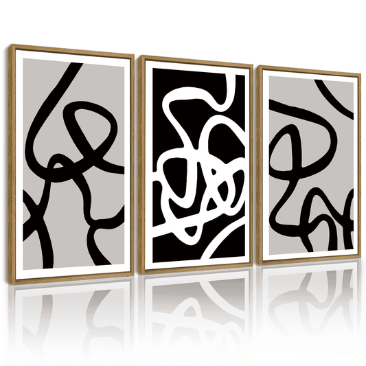 SHENIFY Black and White Lines Abstract Wall Art Ink Wash Minimalist Canvas Painting Artwork 11x14in3pcs Natural Framed