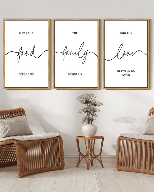 SHENIFY Bless The Food Before Us Sign Kitchen Wall Decor 16x24in3pcs Natural Framed for Dining Room Farmhouse Wall Art Hanging Decoration