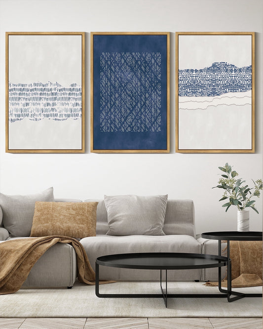 SHENIFY Blue Abstract Boho Wall Art 16x24in3pcs Natural Framed Minimalist Mid-Century Modern Wall Decor Geometric Artwork Kitchen Dining Room