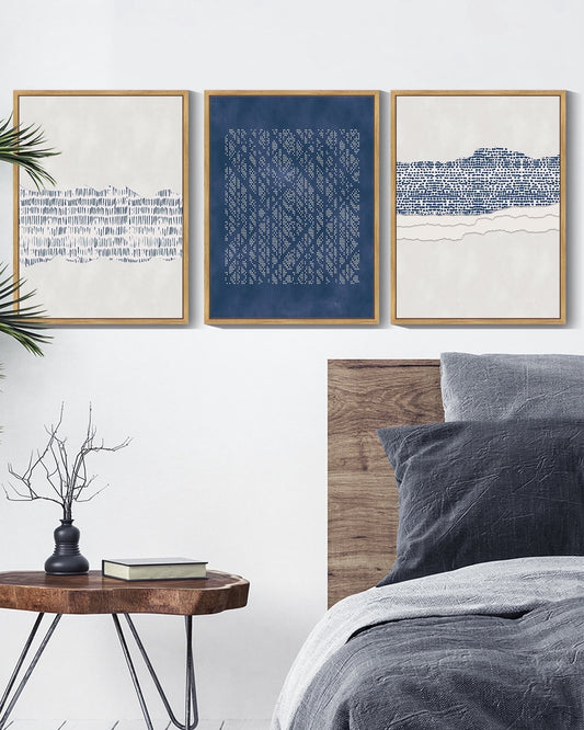 SHENIFY Blue Abstract Boho Wall Art Minimalist Mid-Century Modern Wall Decor Geometric Artwork Kitchen Dining Room 11x14in3pcs Natural Framed