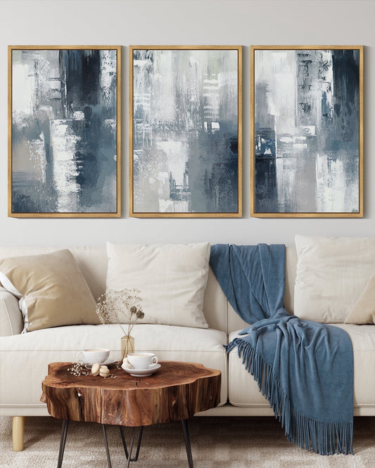 SHENIFY Blue and Grey Abstract Wall Art 16x24in3pcs Natural Framed Modern Minimalist Painting Decor Graffiti Artwork for Home Wall Decor