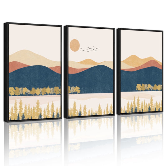 SHENIFY Bohemain Mountain Landscape Canvas Wall Art 16x24in3pcs Black Framed Watercolor Nature Artwork Painting Boho Farmhouse Rustic Room Decor for Bedroom Living Room