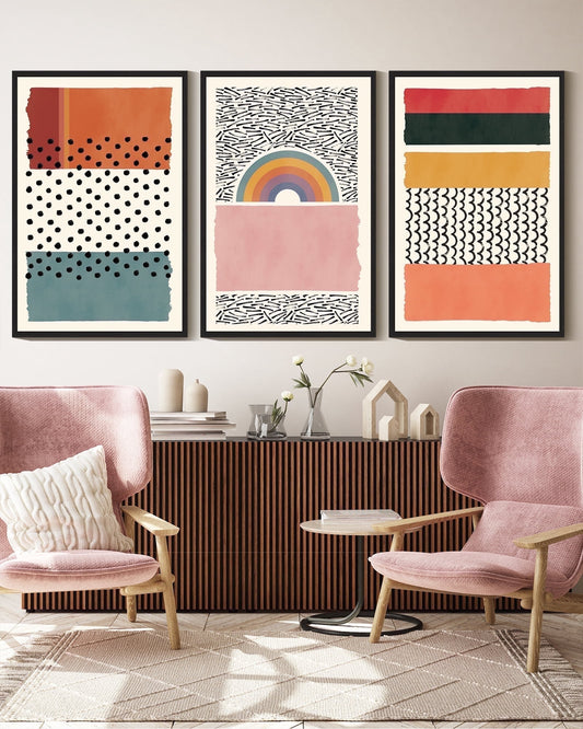 SHENIFY Boho Abstract Wall Art 16x24in3pcs Black Framed Mid-Century Color Block Shape Illustrations Modern Minimalist Painting Decorative Artwork