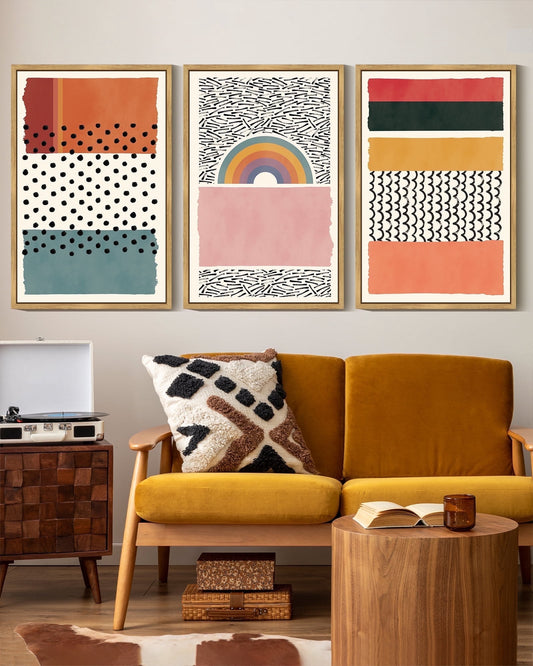 SHENIFY Boho Abstract Wall Art 16x24in3pcs Natural Framed Mid-Century Color Block Shape Illustrations Modern Minimalist Painting Decorative Artwork