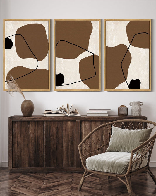 SHENIFY Boho Geometric Wall Art 16x24in3pcs Natural Framed Mid-Century Trio of Multicolored Brown Ovals Shape Black Lines Illustration Modern Minimalist Painting Decorative Artwork