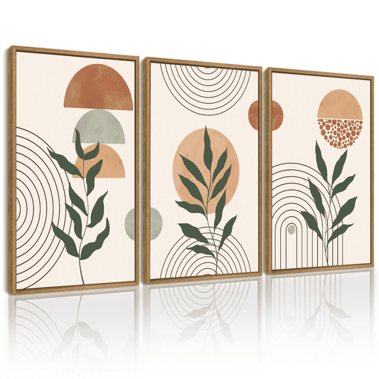 SHENIFY Boho Wall Art 16x24in3pcs Natural Framed Sage Plant Botanical Bohemain Wall Printing Abstract Canvas Prints with Leaf & Sun Lines