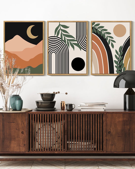 SHENIFY Boho Wall Art Abstract Decor Bohemian Prints Ready To Hang for Bathroom Dining Room 12x16in3pcs Natural Framed