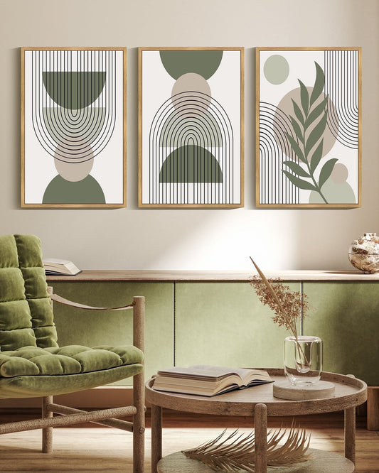 SHENIFY Abstract Boho Wall Art Green Sage Minimalist Mid Century Modern Geometry Canvas Prints (Set of 3) Framed