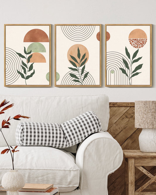SHENIFY Boho Wall Art Sage Plant Botanical Bohemain Wall Printing Abstract Canvas Prints with Leaf & Sun Lines 11x14in3pcs Natural Framed