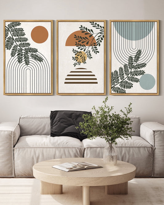 SHENIFY Botanical Boho Wall Art 16x24in3pcs Natural Framed Modern Plant Leaf Bohemian Wall Decor Abstract Geometry Lines Prints Ready to Hang