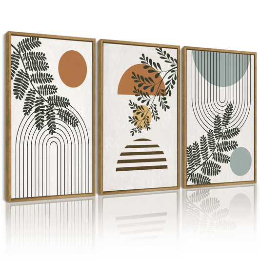 SHENIFY Botanical Boho Wall Art Modern Plant Leaf Bohemian Wall Decor Abstract Geometry Lines Prints Ready to Hang 11x14in3pcs Natural Framed