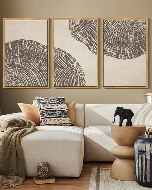 SHENIFY Farmhouse Vintage Abstract Drawings Rustic Modern Wall Art 16x24in3pcs Natural Framed Set Gray Wood Tree Ring Spirals Nature Art Decor for Living Room Bedroom