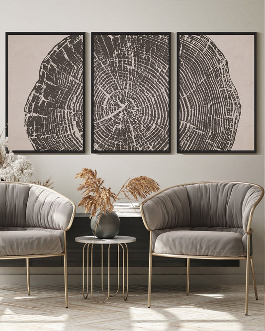 SHENIFY Farmhouse Vintage Wall Art 16x24in3pcs Black Framed Set Gray Wood Tree Ring Spirals Nature Abstract Drawings Rustic Modern Art Decor for Living Room Bedroom
