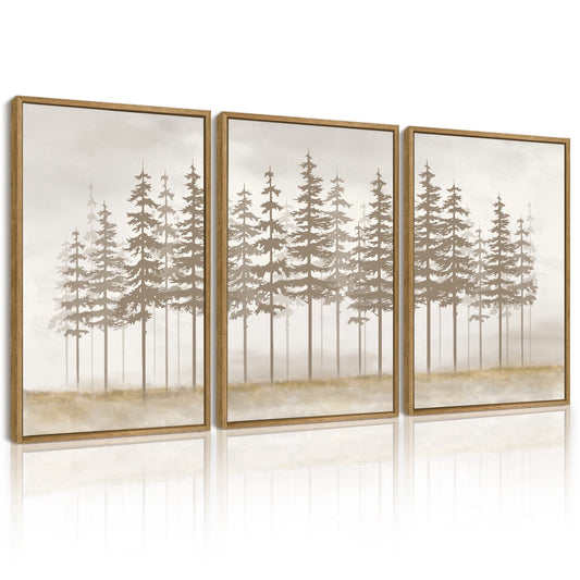 SHENIFY Foggy Pine Tree Wall Art 16x24in3pcs Natural Framed Watercolor Nature Misty Forests Wall Decor Rustic Minimalist Painting Home Decor