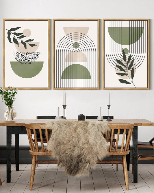 SHENIFY Green Botanical Boho Wall Art 16x24in3pcs Natural Framed Modern Sage Bohemian Wall Decor Abstract Geometry Lines Prints Ready to Hang