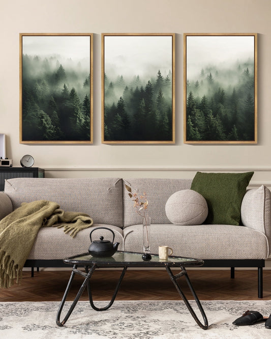 SHENIFY Green Fog Pine Tree Forest Canvas Wall Art Large Modern Artwork Prints Decor - 24x36in3pcs Brown Framed