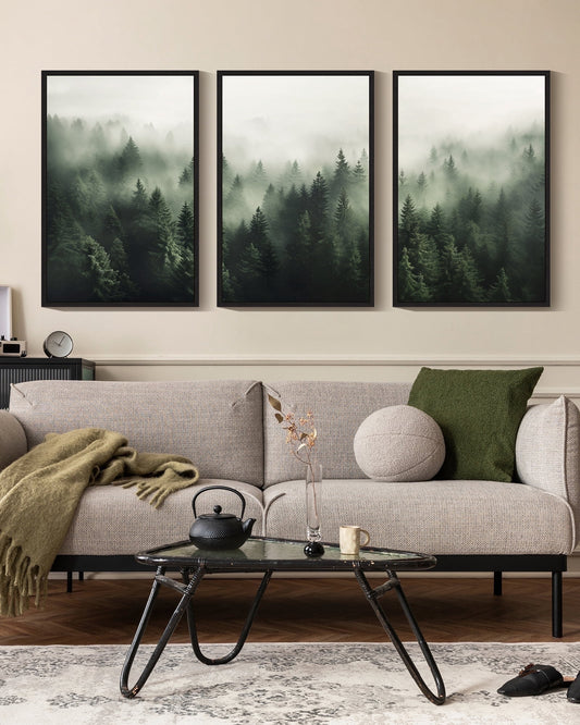 SHENIFY Green Fog Pine Tree Forest Canvas Wall Art Modern Artwork Prints Decor - 16x24in3pcs Black Framed