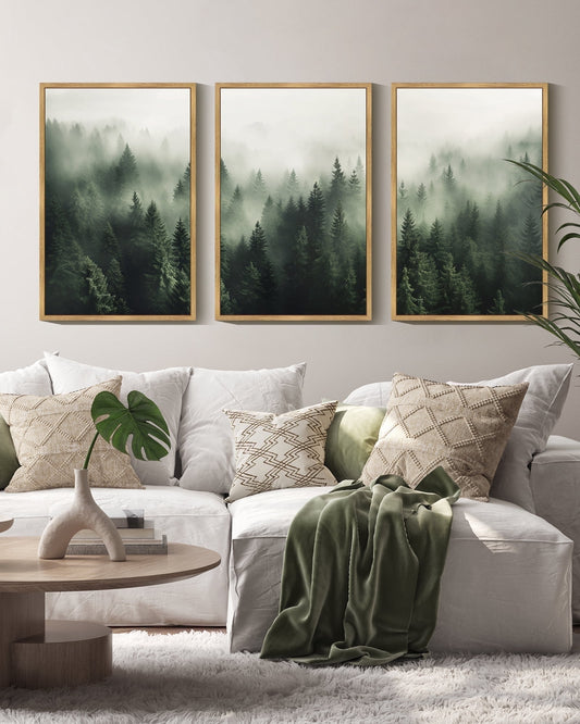SHENIFY Green Fog Pine Tree Forest Canvas Wall Art Modern Artwork Prints Decor - 16x24in3pcs Brown Framed