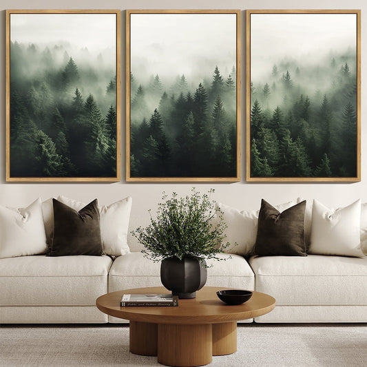 SHENIFY Large 24x36in3pcs Natural Framed Green Fog Pine Tree Forest Canvas Wall Decor Modern Wall Art Artwork Prints