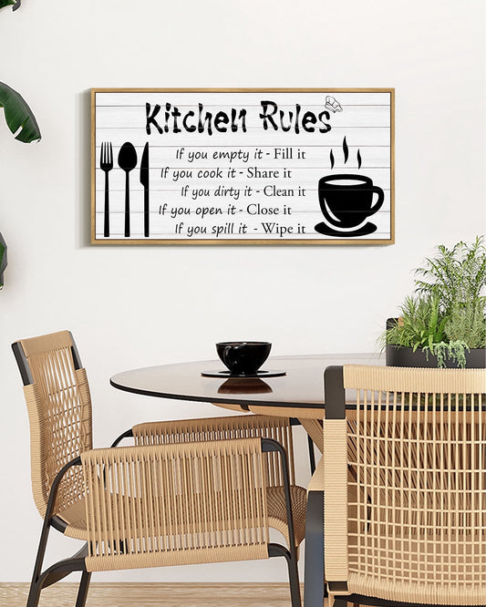 SHENIFY Kitchen Rules Wall Decor Funny Inspirational Quote Decor Modern Rustic Farmhouse Kitchen Hanging Decoration 8x16in Natural Framed