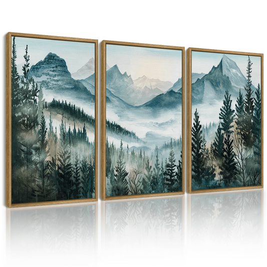 SHENIFY Landscape Mountain Range Wall Art 16x24in3pcs Natural Framed Set Watercolor Foggy Pine Tree Forest Nature Scenry Mist Wilderness Farmhouse Rustic Modern Decorative