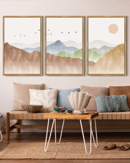 SHENIFY Landscape Mountain Range Wall Art 16x24in3pcs Natural Framed Set Watercolor Ink Wash Nature Scenry Sunrise Flying Bird Farmhouse Rustic Modern Art Decorative for Living Room Bedroom