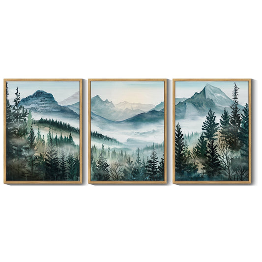 SHENIFY Landscape Mountain Range Wall Art Set Watercolor Foggy Pine Tree Forest Nature Scenry Mist Wilderness Farmhouse Rustic Modern Decorative 11x14in3pcs Natural Framed