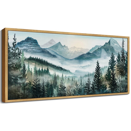 SHENIFY Landscape Mountain Range Wall Art Set Watercolor Foggy Pine Tree Forest Nature Scenry Mist Wilderness Farmhouse Rustic Modern Decorative 8x16in Natural Framed