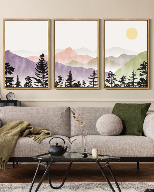 SHENIFY Landscape Mountain Wall Art 16x24in3pcs Natural Framed Set Watercolor Sunrise Pine Tree Forest Nature Scenry Wilderness Farmhouse Rustic Modern Art Decorative