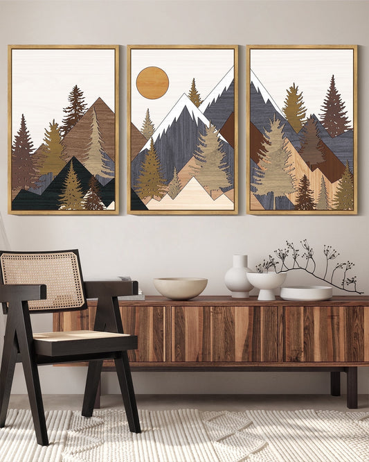 SHENIFY Landscape Mountain Wall Art 16x24in3pcs Natural Framed Set White Winter Sunrise Pine Tree Forest Nature Scenry Wilderness Farmhouse Rustic Modern Art Decorative for Living Room Bedroom