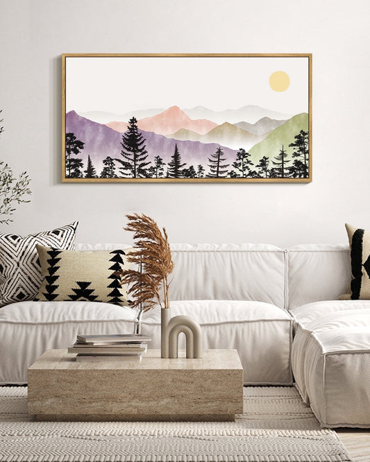 SHENIFY Landscape Mountain Wall Art 20x40in Natural Framed Set Watercolor Sunrise Pine Tree Forest Nature Scenry Wilderness Farmhouse Rustic Modern Art Decorative