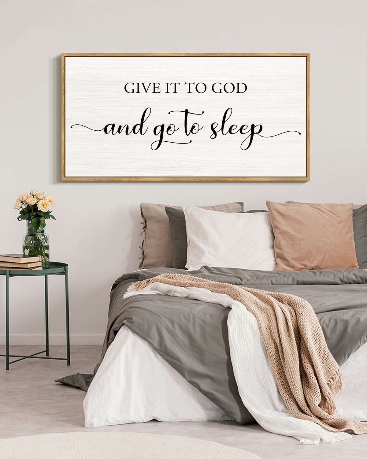 SHENIFY Large 20x40in Natural Framed Give it to Go Dand Go to Sleep Sign Wall Art Christian Signs Rustic Bedroom Religious Farmhouse Bedroom Wall Decor